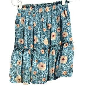 Rue Des Abbesses Tiered Mini skirt women XS teal metallic floral Jupe Rosy Fairy